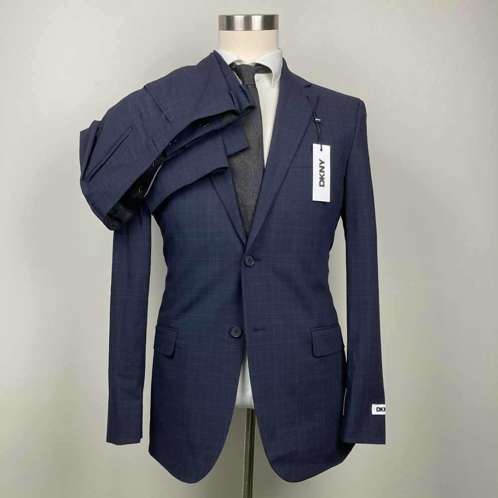 DKNY Mens Modern fit 2-pc Suit Jacket 42R Navy Blue Solid Plaid Pants 35W 32L